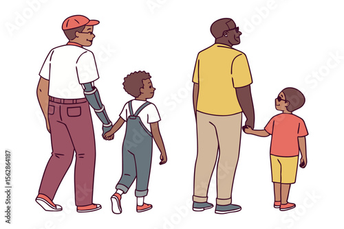 Connected in Community: Two generations of a family walk, a symbol of inclusion and love. They embrace the warmth of a shared journey. A touching representation of connection and kinship.