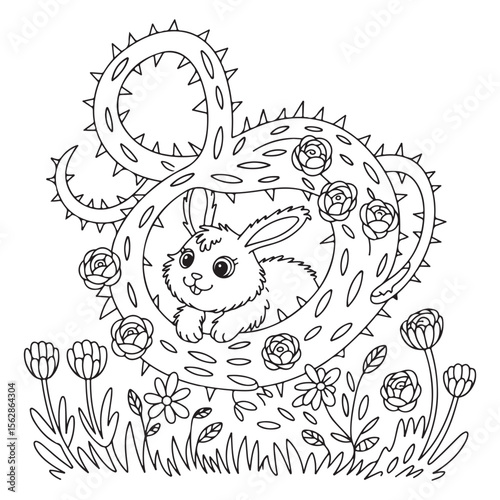 A bunny in a thorny vine circle with flowers coloring page