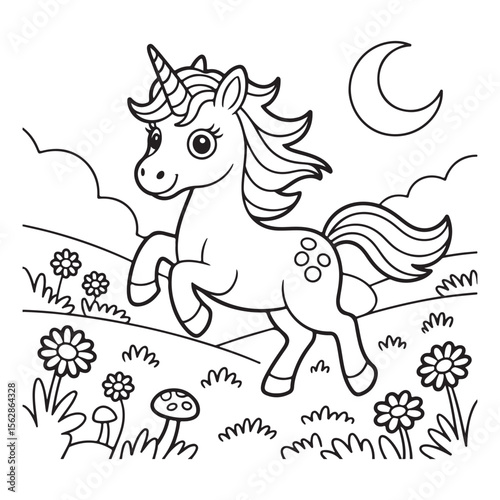 Cartoon unicorn running in a field with moon in the sky