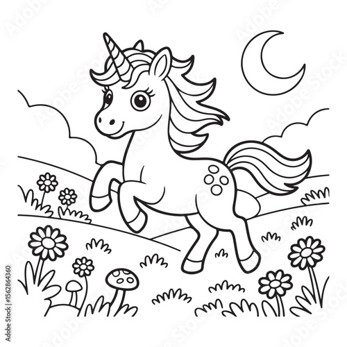 Cartoon unicorn running in a field with moon and flowers