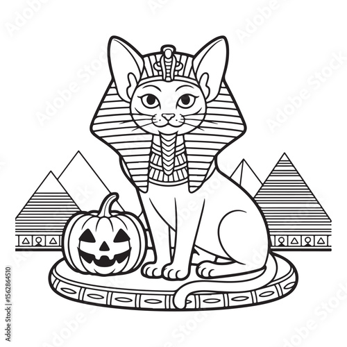 Cartoon cat wearing pharaoh headdress with pumpkin and pyramids