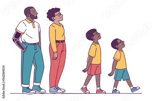 Family Looking Upward: A diverse family of four, each member gazing upwards with hope, showcases unity, aspiration and togetherness. Depicting a symbol of dreams, goals, optimism and shared journey.