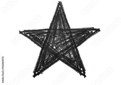 A handdrawn black star shape with a rough, grunge texture isolated on transparent background