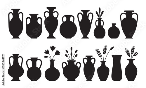 Collection of various ancient greek amphorae and vases silhouette
