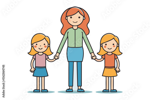 Mother and Twin Daughters: A happy mother and her twin daughters stand together, holding hands, showcasing a heartwarming bond of family love and togetherness.