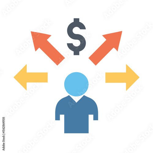 Business decision financial choice concept represented by arrows and dollar