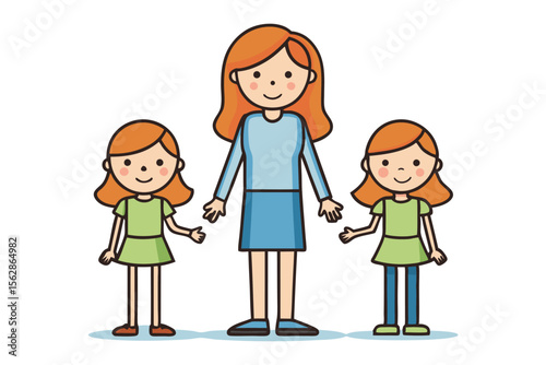 Mom and Daughters' Bond: A heart warming illustration depicts a mother standing between her two young daughters, embodying the bond of family and love.