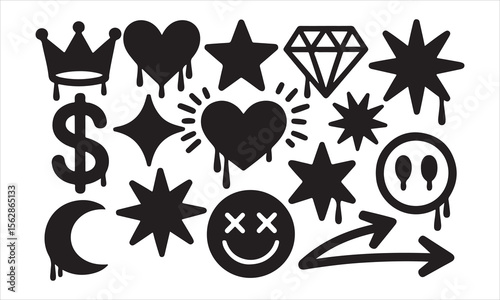 Collection of dripping black graffiti style icons including a crown heart star diamond dollar sign moon and smiley face silhouette