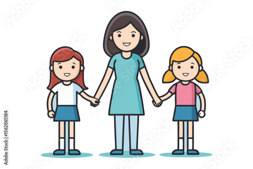 Mom holding daughters' hands: A heartwarming image of a mother standing confidently, her arms gently holding hands with her two daughters, radiating love and the unbreakable bond of family.