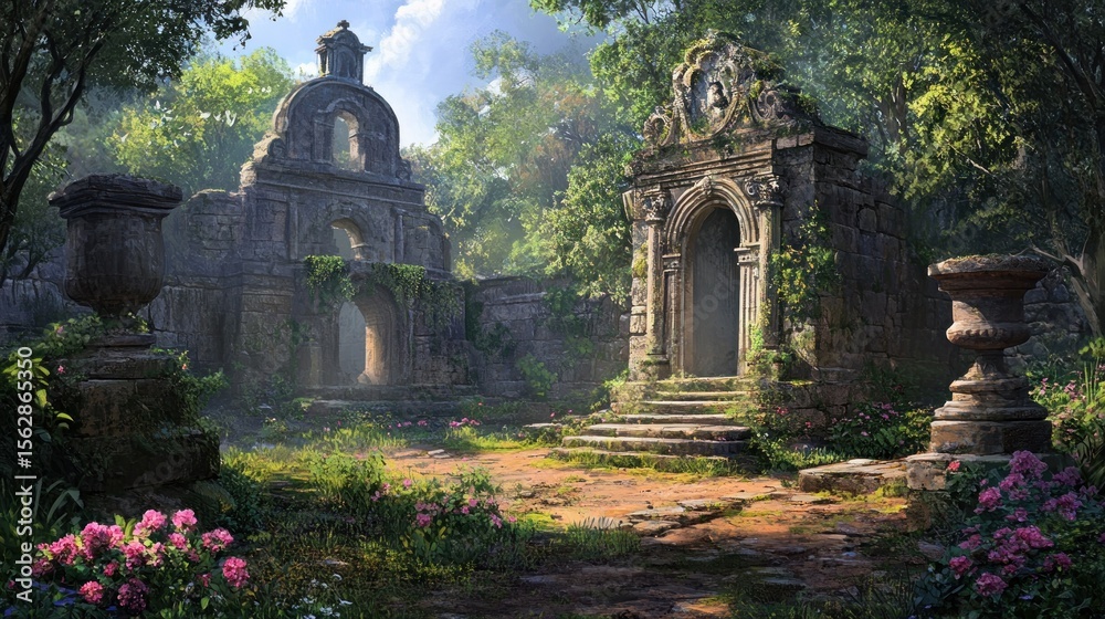 Fototapeta premium Sunlit ruins of a forgotten garden. Lush overgrown ancient stone structures with a pathway, archways and a doorway in a tranquil, floral setting.