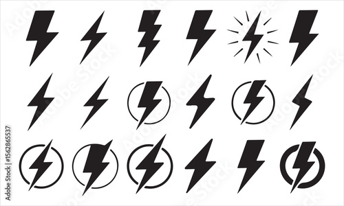 Collection of black lightning bolt icons and symbols silhouette