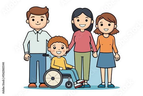 United Family: A heartwarming illustration depicting a family, exuding unity and support, where a child uses a wheelchair, symbolizing inclusivity and the strength of togetherness.