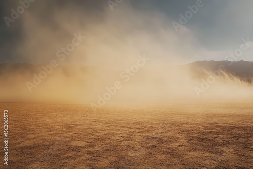 Dusty desert landscape, strong wind, storm clouds, vast plains
