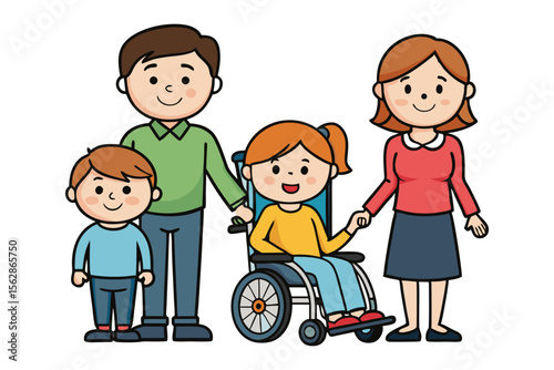 Happy Family with Wheelchair: A cheerful illustration of a family—mother, father, son, and daughter in a wheelchair—symbolizing inclusion, love, and family unity.