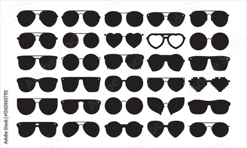 Collection of diverse sunglasses and eyewear styles in black silhouette
