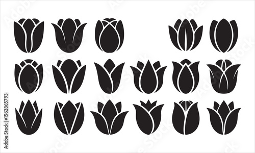 Collection of black tulip flower icons in silhouette style