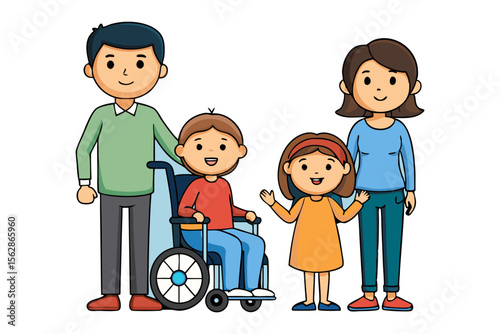 Family Unity: A heartwarming illustration portrays a family standing together, showcasing love and togetherness, with a child in a wheelchair.