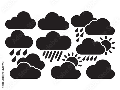 Collection of weather icons showing clouds rain and sun silhouette