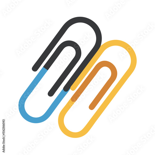 Two colorful paperclips on black background, office supplies imagery