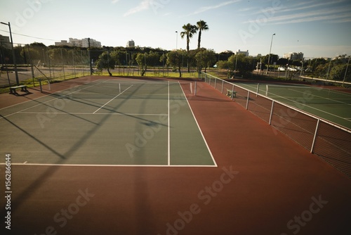 Empty tennis court is being shown in flat design featuring net posts, white lines, chainlink fence