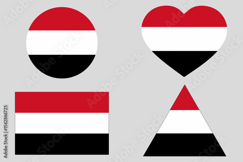 Set of Yemen national flags in circle, heart, square, and triangle shapes. Official standard colors. Perfect for education, infographics, national day, politics, or cultural identity design.