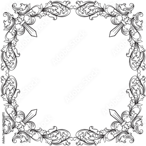 Vintage baroque frame with floral ornament engraving illustration art