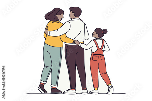 Family Embrace: A tender illustration of a family of three, a parent and two children, standing shoulder to shoulder, their figures bathed in warm colors, communicating intimacy and connection. 
