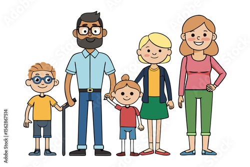 Diverse Family Portrait: A heartwarming cartoon illustration of a happy family stands together, united in love and affection, symbolizing the beauty of familial bonds.