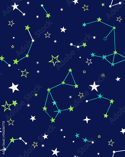 Delightful cosmic pattern featuring constellations and stars against a navy backdrop, perfect for designs needing a celestial or astronomical theme.