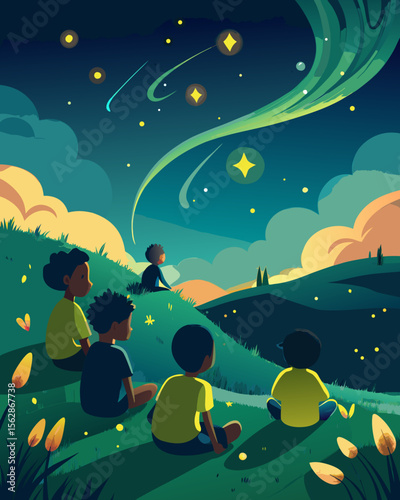 A group of children are gazing at the night sky filled with stars and shooting stars, creating a dreamy and serene atmosphere.