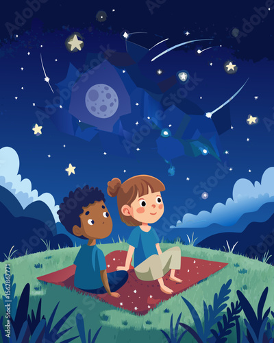 Children stargazing under the night sky with stars, moon, and shooting stars for a magical childhood moment of wonder.
