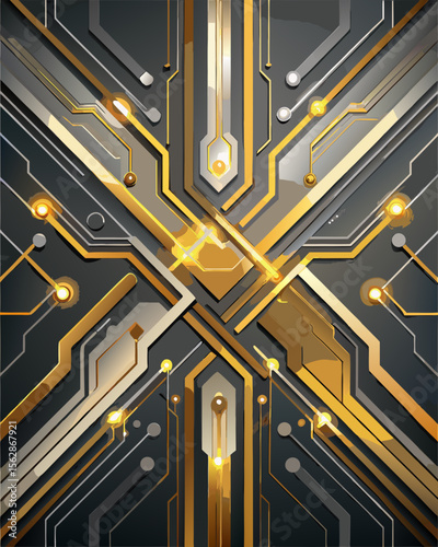 Elegant circuit board graphic features golden paths, creating a futuristic tech design suitable for various digital applications.