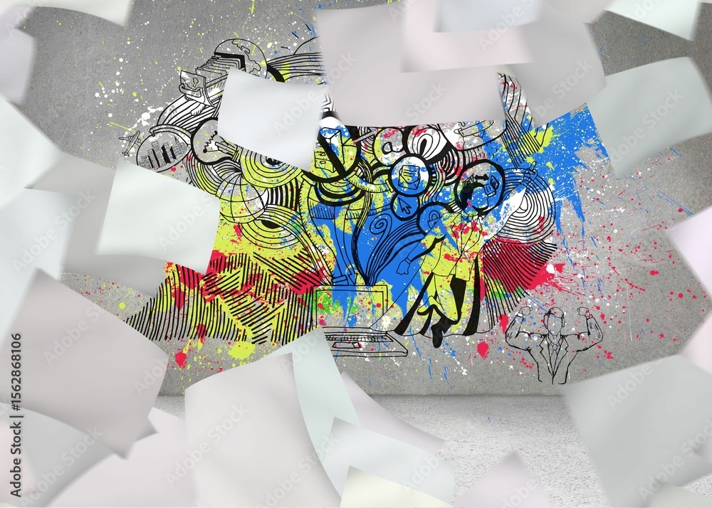 Naklejka premium Papers over grey wall with illustrations and splashes