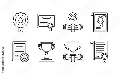 Set of certificate, trophy, plaque and medal icons in outline style. Suitable for infographics, UI, educational materials and monochrome prints.