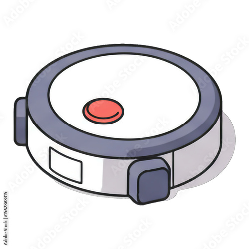 A robotic vacuum cleaner, depicted in a cartoonish style, sits on a white background.