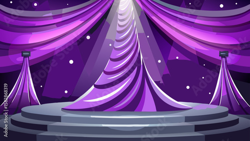Dramatic theatrical stage backdrop featuring rich purple curtains and a spotlight, perfect for performance arts event marketing materials.