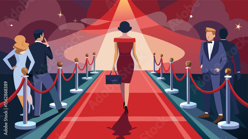 Elegant woman walking on a red carpet, paparazzi, celebrities, and spotlights create an exciting award ceremony event scene.
