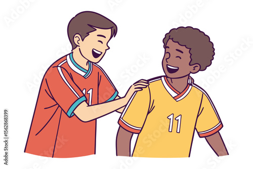 Friendly Camaraderie: Two smiling individuals in athletic attire, illustrating a cheerful moment of friendship and encouragement, fostering team spirit.