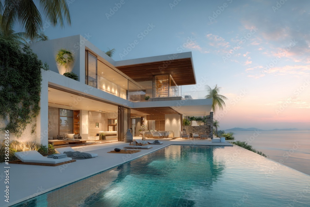 Fototapeta premium Luxurious beachfront villa at sunset