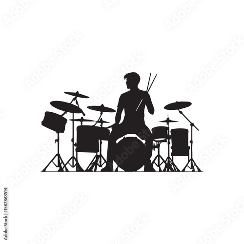 Drummer Silhouette Behind Drum Set Vector