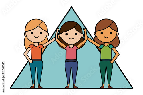 Unity in Triangle: Three figures stand united within a triangular frame, representing teamwork and support in a simple illustration. A picture of cooperation, friendship, and togetherness.