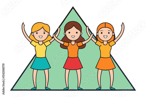 Celebration of Joyful Sisterhood: A vibrant vector illustration depicts three young woman standing united within a triangular frame, celebrating their friendship with open arms.