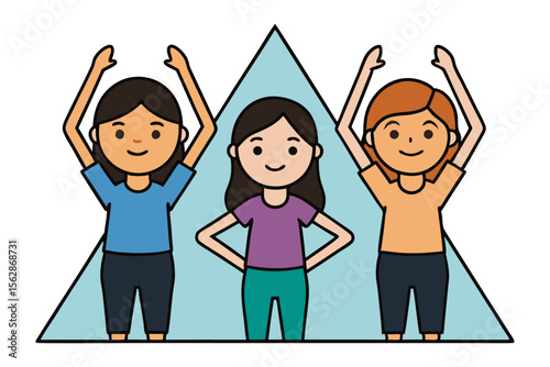 Joyful Trio's Pose: Three cheerful figures, arms raised in unison, stand before a pastel triangle, embodying the spirit of fitness and fun. The scene is imbued with a sense of camaraderie and zest.