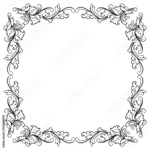 Vintage baroque frame with floral ornament engraving illustration art