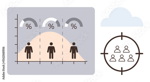 Bell curve with individuals and percentage overlays, target audience focus in a crosshair. Ideal for data analysis, customer segmentation, statistics, marketing strategy, business planning, audience