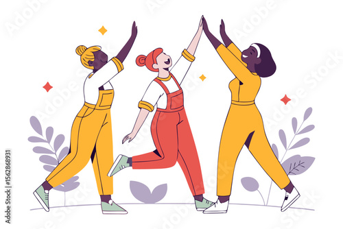 Trio's High-Five: A cheerful cartoon illustrates the bond of friendship and celebration as three friends joyfully high-five, expressing mutual respect and harmony.