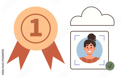 Golden number one medal, person photo in cloud frame with green tick. Ideal for user authentication, achievement, online identity, ranking, certification, validation digital awards. Simple flat