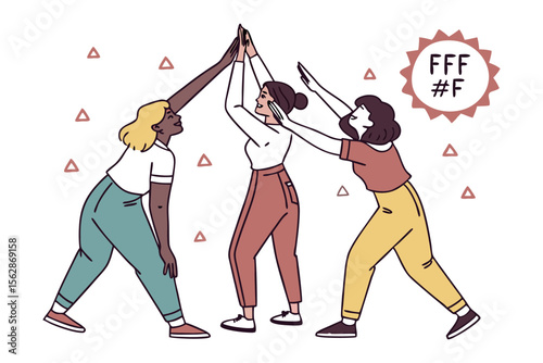 Teamwork and Solidarity: Three women united in a gesture of high-five, symbolizing teamwork and collaborative achievement in a world filled with possibilities. 