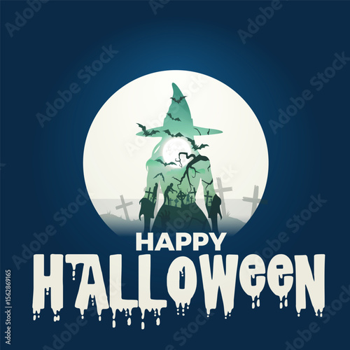 Halloween poster design  with witch silhouette