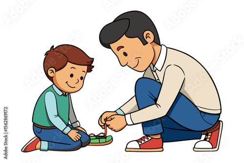Father-Son Bonding: A tender moment unfolds as a caring father leans in to help his young son with his shoes, creating a timeless illustration of fatherly love and childhood.
